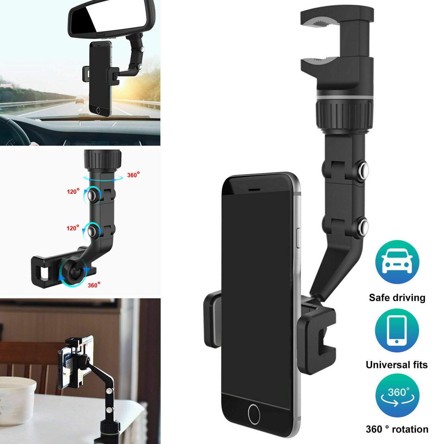 Universal 360 Rotation Car Rear View Mirror Mount Stand GPS Cell Phone Holder US