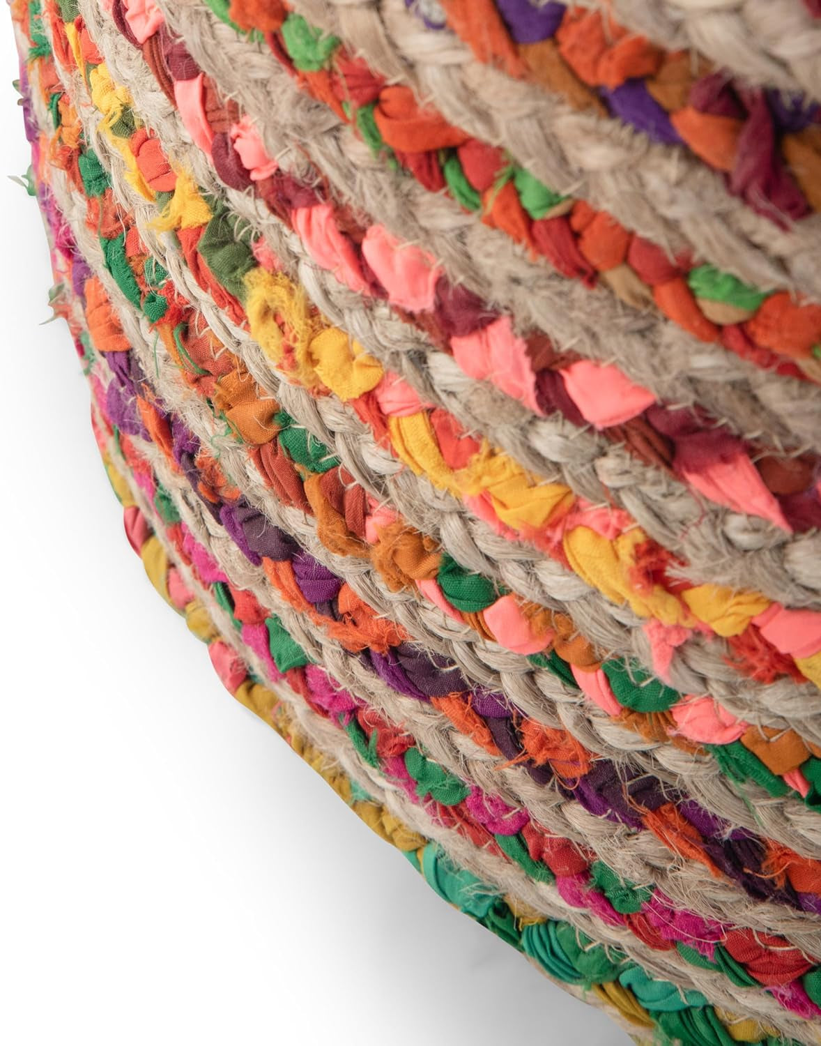 Margo 20 Inch Boho round Pouf in Multi Color Braided Jute, for the Living Room, Bedroom and Kids Room