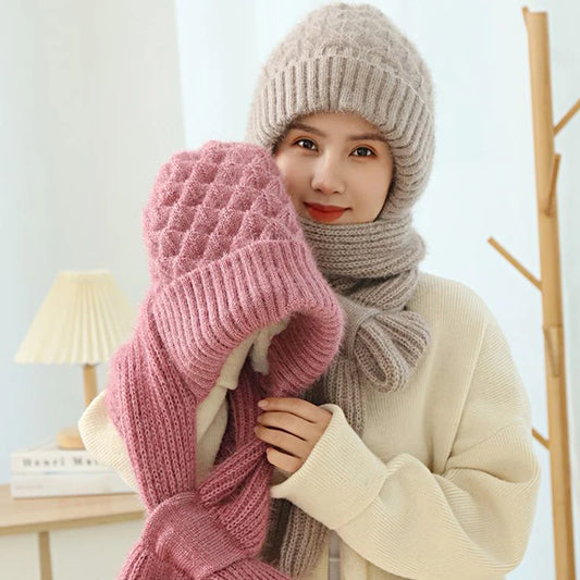 Plush Hat and Scarf All in One Knitted Women Winter Warm Hat Scarf Thickened Hooded Ear Protection Outdoor Ski Female Beanie Cap