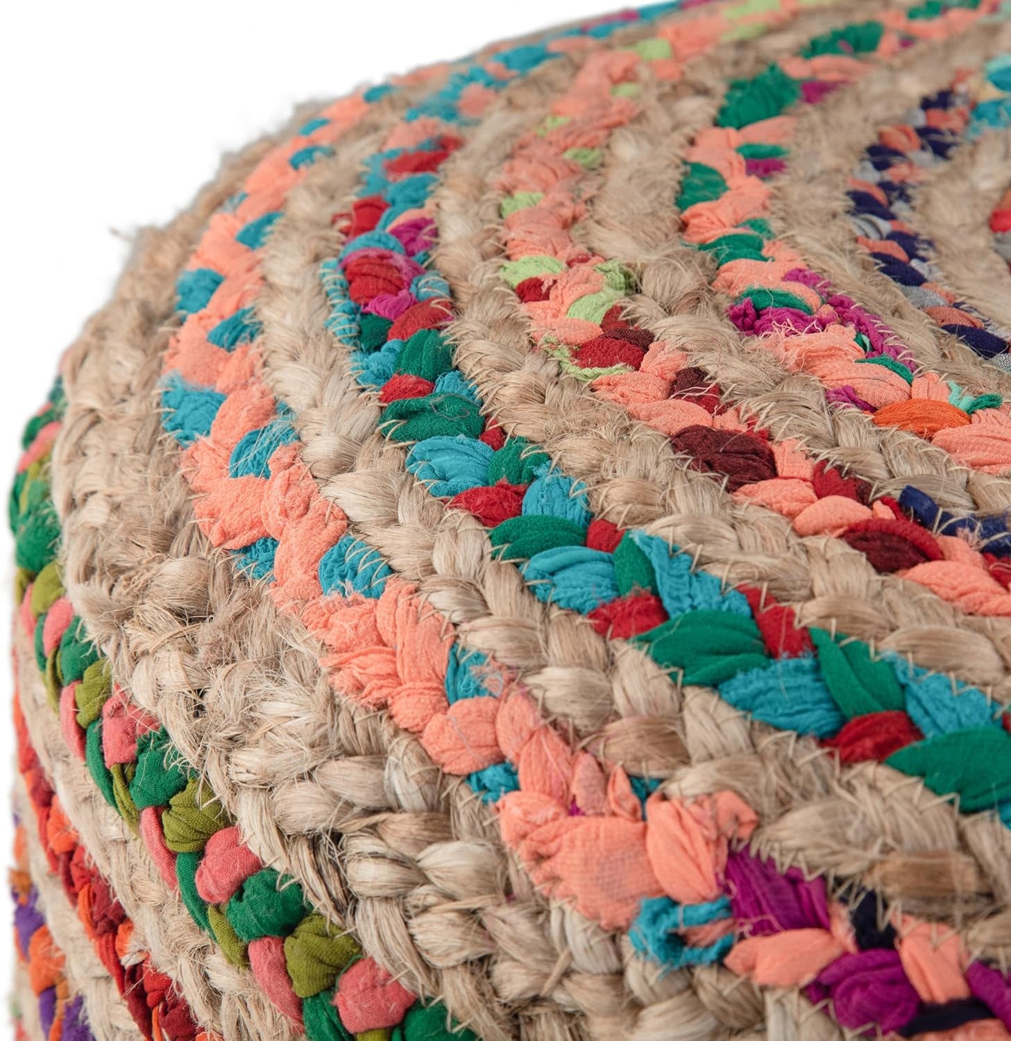 Margo 20 Inch Boho round Pouf in Multi Color Braided Jute, for the Living Room, Bedroom and Kids Room