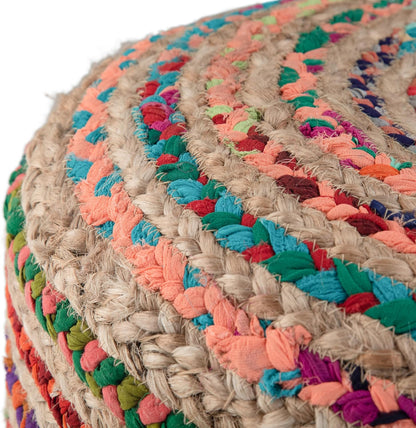 Margo 20 Inch Boho round Pouf in Multi Color Braided Jute, for the Living Room, Bedroom and Kids Room