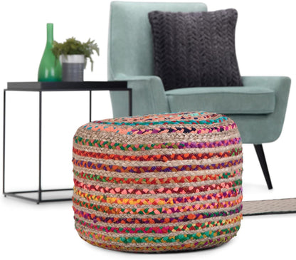 Margo 20 Inch Boho round Pouf in Multi Color Braided Jute, for the Living Room, Bedroom and Kids Room