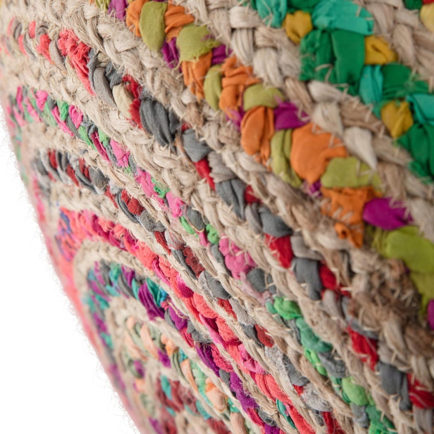 Margo 20 Inch Boho round Pouf in Multi Color Braided Jute, for the Living Room, Bedroom and Kids Room