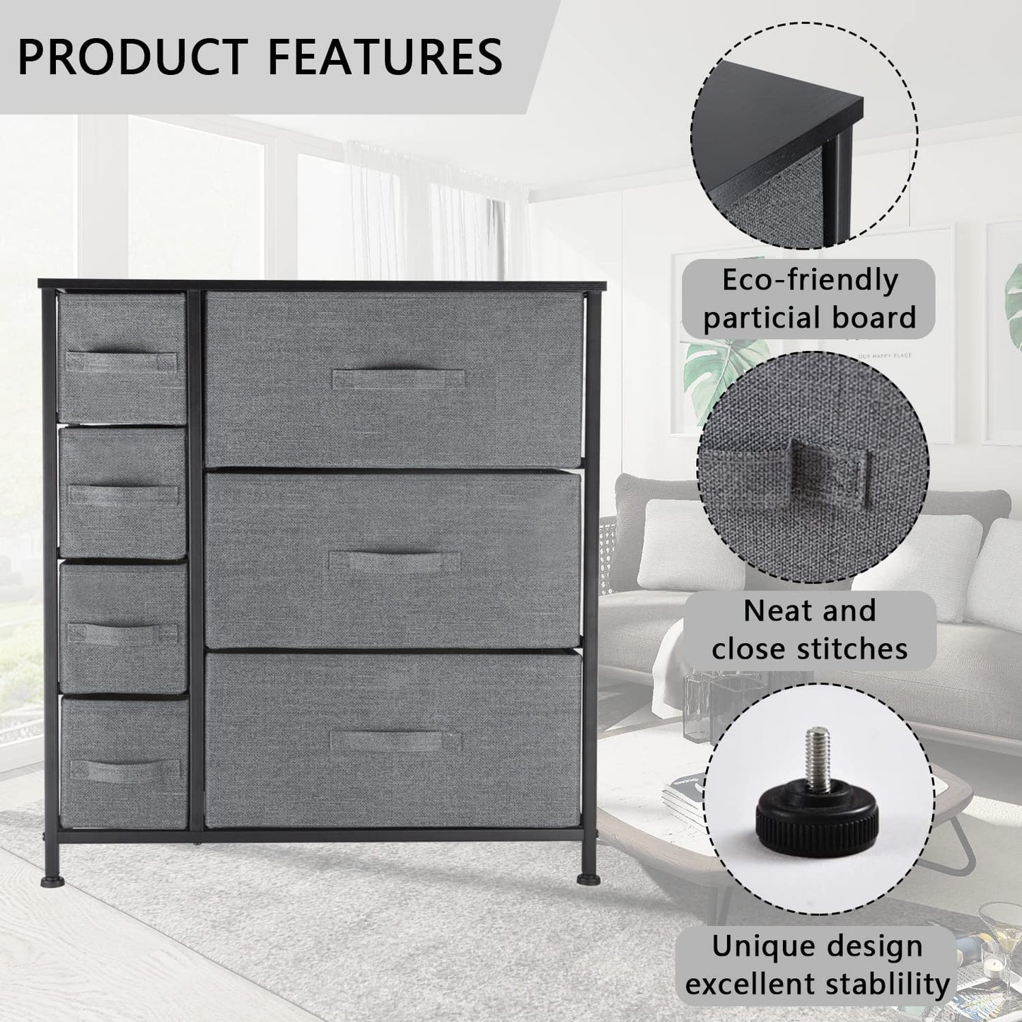 Drawer Dresser Storage Organizer 7-Drawer Closet Shelves, Sturdy Steel Frame Wood Top with Easy Pull Fabric Bins for Clothing, Blankets (7-Charcoal Drawers)