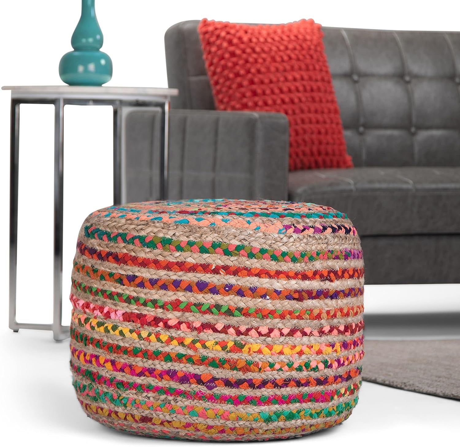 Margo 20 Inch Boho round Pouf in Multi Color Braided Jute, for the Living Room, Bedroom and Kids Room