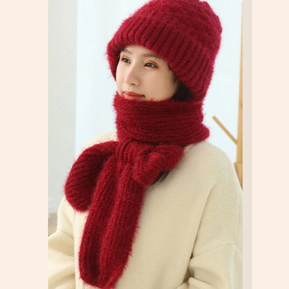 Plush Hat and Scarf All in One Knitted Women Winter Warm Hat Scarf Thickened Hooded Ear Protection Outdoor Ski Female Beanie Cap