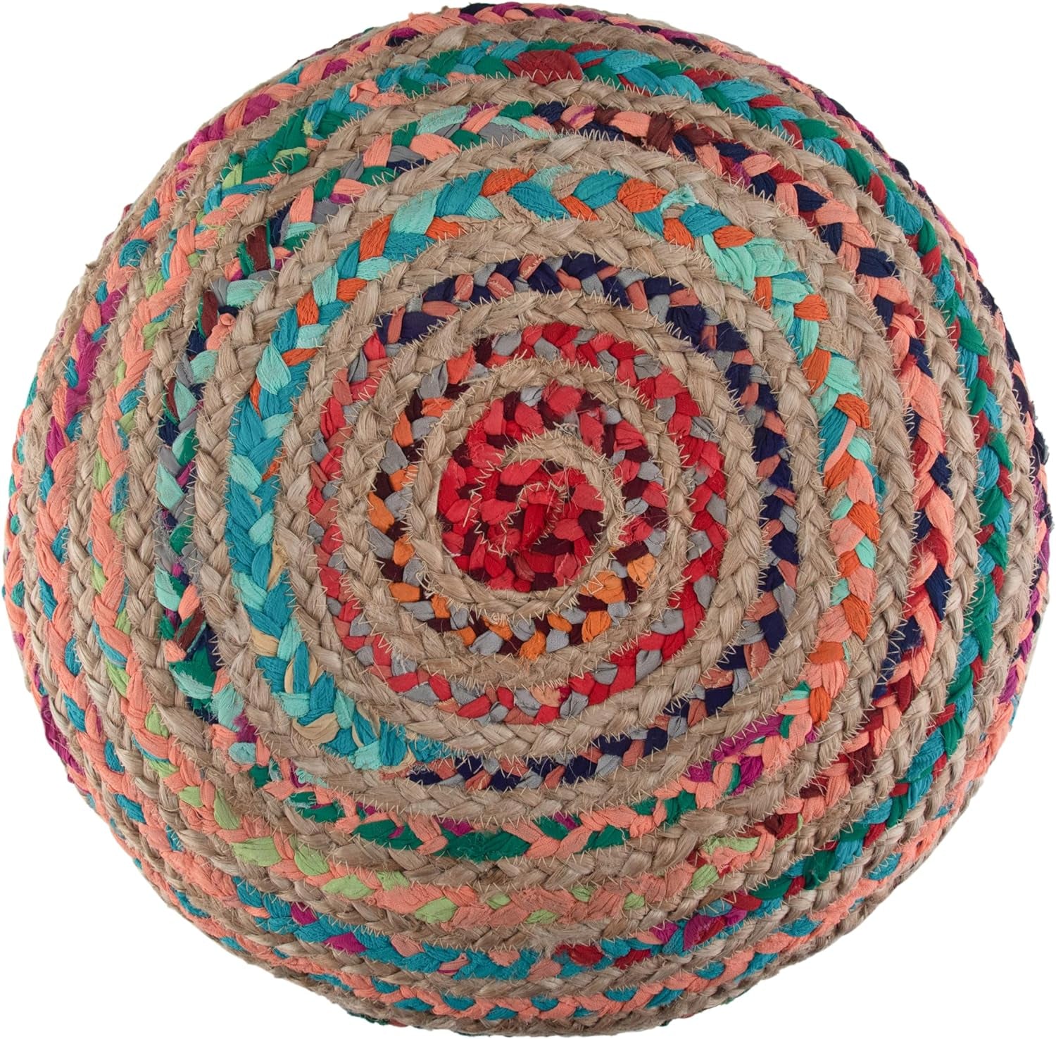 Margo 20 Inch Boho round Pouf in Multi Color Braided Jute, for the Living Room, Bedroom and Kids Room