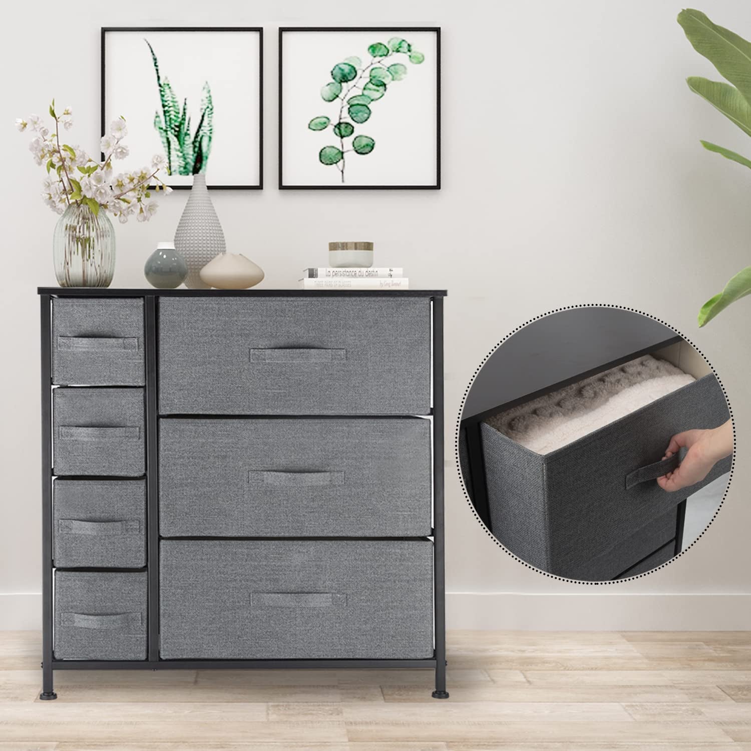 Drawer Dresser Storage Organizer 7-Drawer Closet Shelves, Sturdy Steel Frame Wood Top with Easy Pull Fabric Bins for Clothing, Blankets (7-Charcoal Drawers)