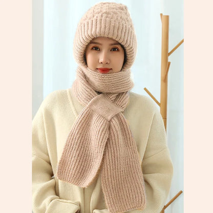 Plush Hat and Scarf All in One Knitted Women Winter Warm Hat Scarf Thickened Hooded Ear Protection Outdoor Ski Female Beanie Cap