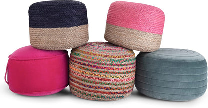 Margo 20 Inch Boho round Pouf in Multi Color Braided Jute, for the Living Room, Bedroom and Kids Room